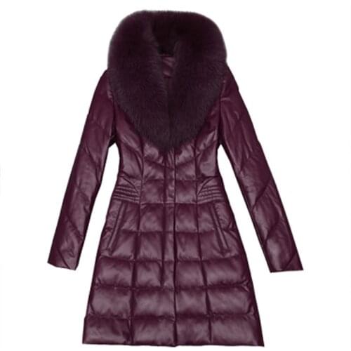Genuine leather womens fall/winter mid-length plus size fashion warmth slim fit sheep collar fur down jacket Full Office Lady