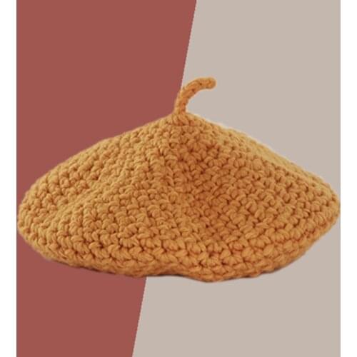 Women Winter British Style Flat Knitted Beret Cap Solid Color Handmade Chunky Crochet Vintage Travel Painter Beanie Hat