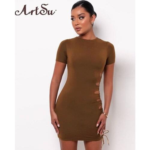 Artsu Cross Bandage Dresses For Women 2021 Solid Side Hollow Out Bodycon Short Sleeve Sexy Mini Dress Female Outfits