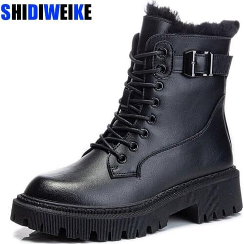 Women Winter Boots Large Size New Natural Wool Warm Women Snow Boots Mid-heel Motorcycle Genuine Leather Women Short Boots AD378