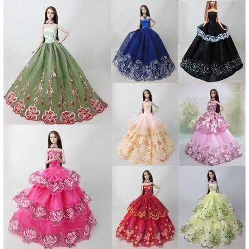 Besegad 8PCS Mini Doll Long Satin Lace Wedding Dresses Princess Evening Gown Suit Outfits Clothes Accessories for Barbie Toy