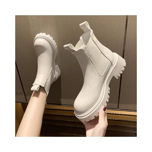 New Chunky Boots Fashion Platform Women Ankle Female Sole Pouch Ankle Botas Mujer Round Toe Slip-On Botas Altas Mujer