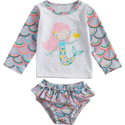 2Pcs Baby Summer Swimwear, Mermaid Scale Printed O- Neck Long Sleeves Tops + Ruffle Elastic Waist Shorts Swimsuit for Girls