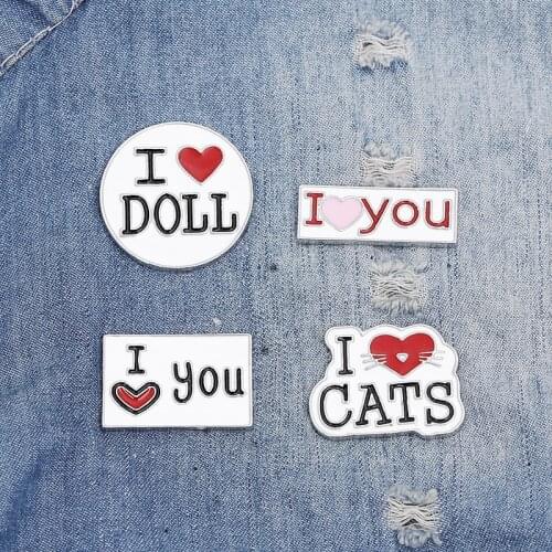 Lovely Letter Enamel Pins I Love You Doll Cats Brooch Jackets Shirts Lapel Pin Hat Bag Button Badge Jewelry Gifts For Kids Girls