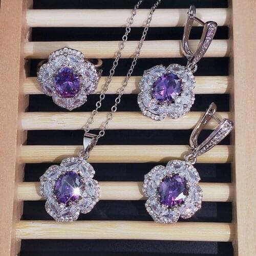 Funmode 3PCS Purple Flower Shape Cubic Zircon Bridal Jewelry Sets For Female Wedding Jewelry Adornment Wholesale FS95