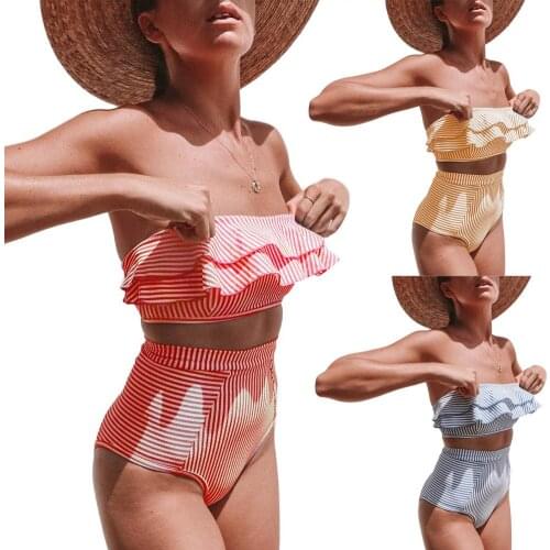 Hot Striped Ruffled Women High Waist Summer Bikini Set Two-piece Swimsuit Swimwear