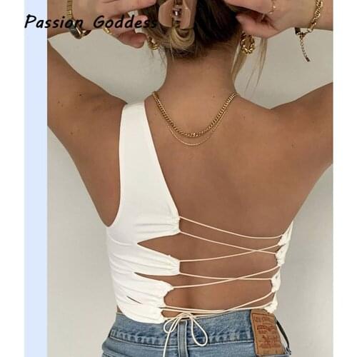 Lace Up Bandage One Shoulder Tank Tops Sexy Women Adjustable Bandage Backless Hollow Out Vest Summer Party Blusa Bustier Femme