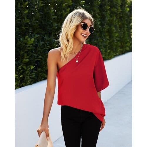 Fashion solid color one shoulder bat sleeve loose style blouse for women