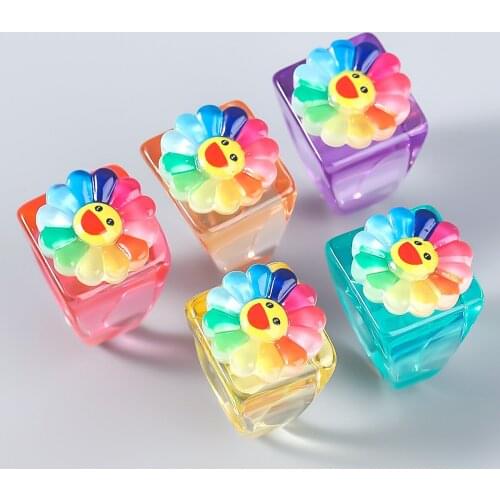 Fashion Sun Flower Acrylic Rings for Women Rainbow Resin Smile Ring Bohemian Flower Ring Wholesale Jewelry