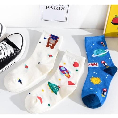 Autuman Cute Crew Women Socks Creative Personality Cartoon Bear Travel Space Flight Rocket Pattern Funny Sweet Cotton Gifts Love