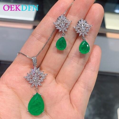 OEKDFN Luxury 925 Sterling Silver Jewelry Set Pear Emerald Gemstone Earrings/Pendant/Necklace Wedding Anniversary Jewelry Women