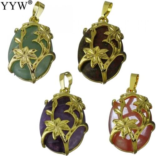 Reiki Golden Flower Gem Stone Pendants Oval Shape For Jewelry Making Fit Necklace Jewelry Bijoux Gifts For Men Women Charm Stone