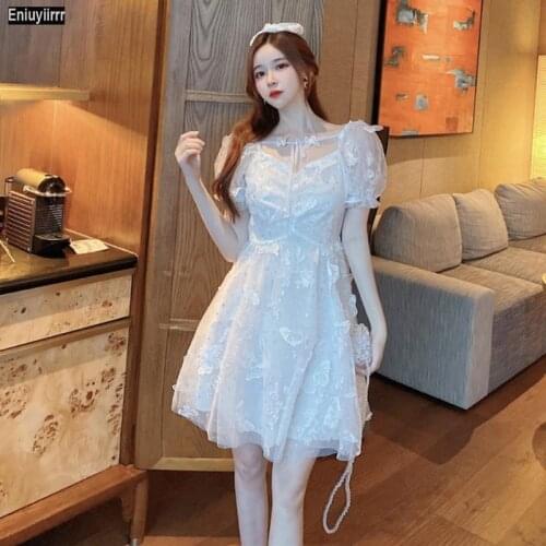 Romantic Floral Lace Christmas Gift Dress Women Clothes 2021 Cue Sexy Sheer Mesh White Mini Party Dresses