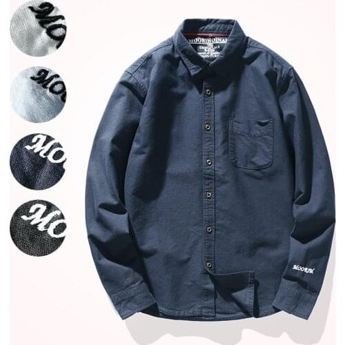 2020 Autumn Oxford 100% Cotton Long Sleeve Lapel Shirt Mens Fashion Slim Embroidery Solid Color Simple Business Casual Shirt