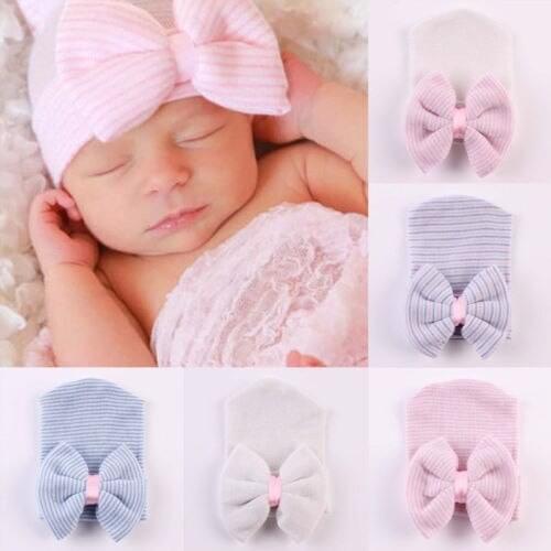 Newborn Baby Toddler Hats Soft Stretchy Striped Bowknot Caps Cotton Beanie Hat for Boys Girls Hair Accessories Headwear