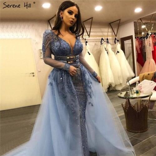 Dubai Sequined Sparkle V-Neck Evening Gowns Dresses 2020 Long Sleeve Luxury Serene Hill Plus Size Serene Hill - DLA60858