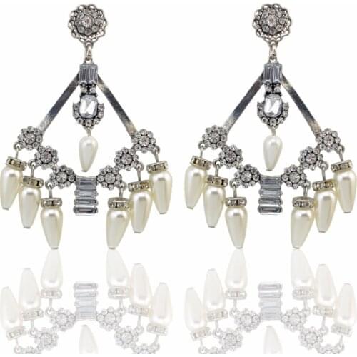 Baroque Pearl Vintage Metal Big Drop Dangle Earrings for Women Bridal Crystal Flower Earring Night Club Party Indian Jewelry