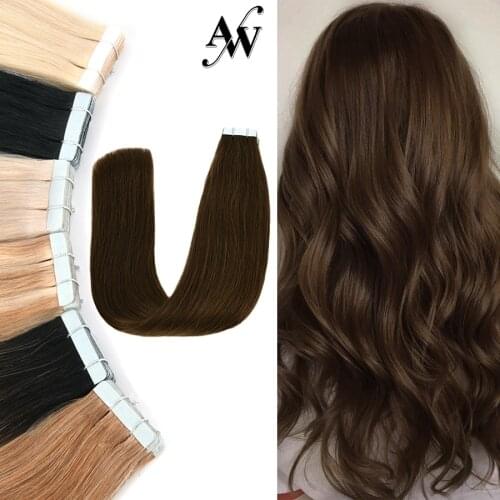 AW Mini Tape In Human Hair Extensions Brown Black 100% Real Human Hair Skin Weft Adhesive Straight Seamless Hair 10/20/40pcs