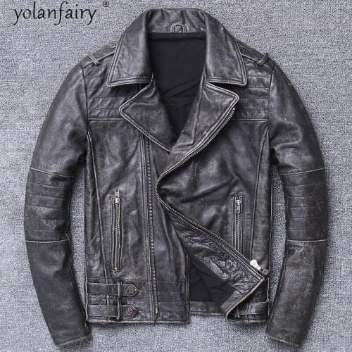 High Quality Mens Leather Jacket Motorcycle Cowhide Coat Vintage Men Clothing Spring 2021 Chaqueta Cuero Hombre Pph4912