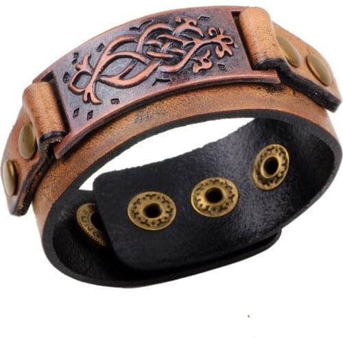 Jewelry Men Genuine Leather Punk Bracelets Casual Alloy Totem Retro Brown Wide Wrap Buckle Rivet Charm Men Women Bangle Jewelry