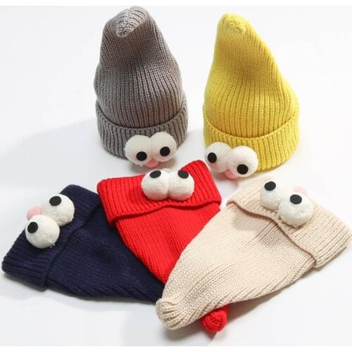 Funny Kids Winter Knitted Hat Cute Pokemon Cartoon Wizard Eye Shape Curled Knit Cap Bonnet Children Warm Beanie Skullies baby