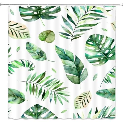 Watercolor Plant Leaf Shower Curtains Green Leaves Pattern Print Bathroom Decor Bath Bathtub Waterproof Polyester Curtain Set