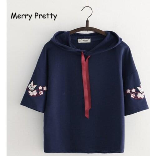 MERRY PRETTY Women Hooded T Shirts Harajuku Cartoon Embroidery Tops Tees For Femme Short Sleeve Kawaii Drawstring Cotton T Shirt