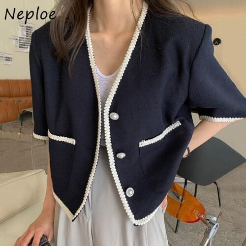 Neploe V Neck Short Sleeve Single Breast Jacket Women Work Style Ol Hit Color Temperament Coat Summer 2021 New Clothes Femme