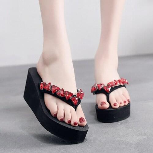 Korean version of the popular sandals female summer wear wild slope with water diamond flip flops beach shoes non-slip slippers