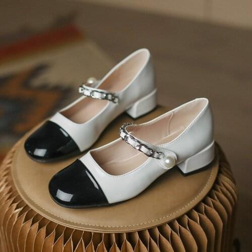 Mary Jane Shoes Female Summer New Mix Color Retro Shallow Mouth Round Toe Single Shoes Pearl Chain Decoration Single Shoes 2021