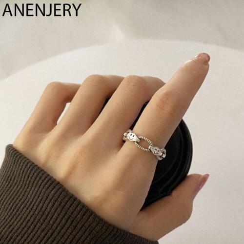 ANENJERY 925 Sterling Silver Smiley Chain Rings For Women Simple Open Index finger Ring Wholesale