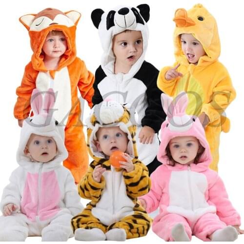 Winter Warm Flannel Cartoon Romper Baby Onesie Kigurumi Animal Fox Panda Lion Costume For Kids Outfit New Born Baby Girl Clothes