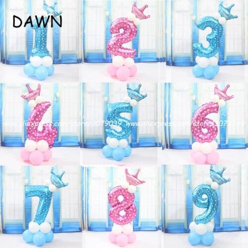 13pcs/lot Blue Pink Digital 0-9 Number Crown Aluminum Foil Balloons Prince Princess birthday balloon pillar stage decoration