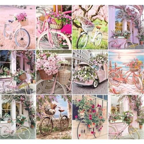 AZQSD Oil Painting By Numbers Bicycle Flower Home Living Room Art Craft DIY Coloring By Numbers Landscape Handmade Gift