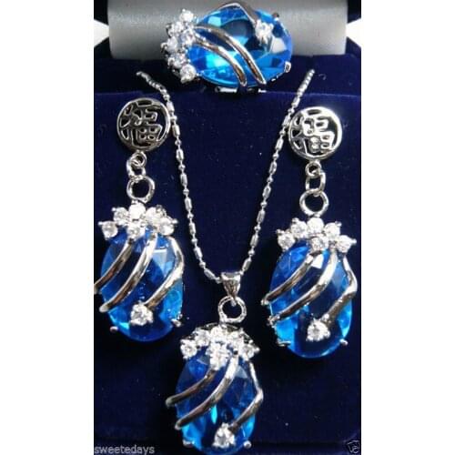 FREE SHIPPING>>@> Beautiful Blue Crystal Earrings Pendant Necklace Ring Set ^^^@^style Fine jewe Noble Natural stoneNatur
