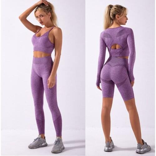 4 piece suit new style long sleeve shorts knitted seamless sport set Shockproof Gathered Running Yoga Bra High waist Leggings