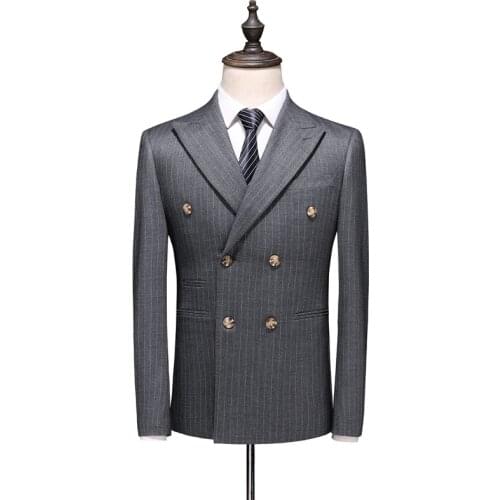Men 3 Pieces Lapel Striped Lattice Double Breasted Suit For Slim Fit Homme Business Wear Wedding Suits Blazer+Vest+Pants
