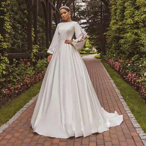 A-line lace wedding gowns Boho long puff sleeves satin Bride dress Appliques buttons plus size Princess party clothes