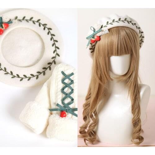 Lolita Autumn and Winter Beret Hat Sweet Lovely Strawberry Green Leaf Seriesc Head Accessories Beret Gloves Ear-Cap H