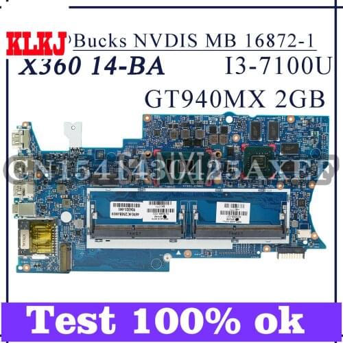 KLKJ 16872-1 Laptop Motherboard For HP PAVILION X360 14-BA Original Mainboard I3-7100U GT940MX-2GB 923688-601 923688-001