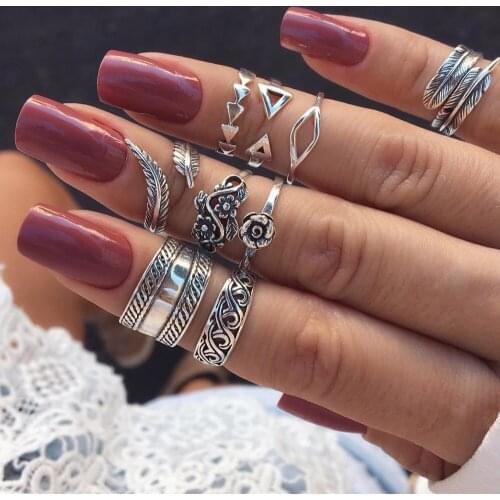 Fashion Leaf flower triangle geometric Stone Midi Ring Sets Vintage Crystal Knuckle Rings For Women Punk rings