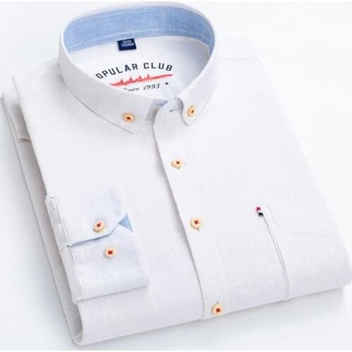 Mens Regular-Fit White Shirt Cotton Line Long Sleeve Loose Business Dress Pure Color Button Shirts Men Blue Tops Camisa Hombre