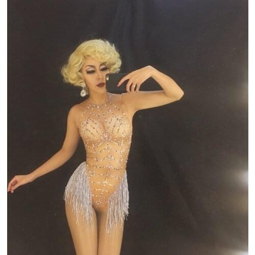 New Sexy Female Song Host DJ Inlaid Diamonds Fork Fringe Conjoined Adult Stage Performance Clothing Costume Party Celebration