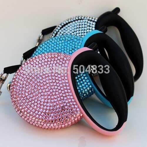 3meter Retractable small Dog Leash full of rhinestones bling bling pets lead leashes pink blue sliver