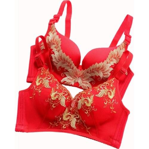 Sexy ladies no underwire bra set bright red year of this life underwear female lace gathering thin adjustment large bra
