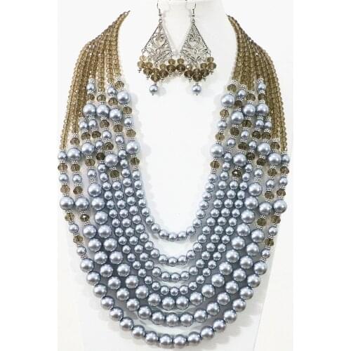 Fresh gray 7 rows elegant necklace earrings round imitation shell pearl crystal beads unique diy jewelry set B1311