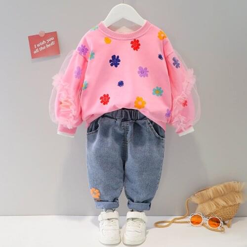 Newborn Infant Baby Clothes 2021 Autumn New Flower Print Long Sleeve Sweatshirt+Jeans 2Pcs Kids Outfits Set for 0-4Year Girls