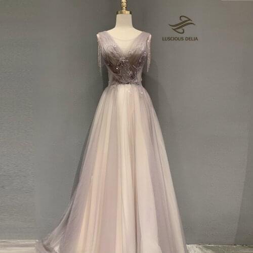 High Split Tulle V-Neck Dresses 2021 Formal Party Gown A-Line String beads evening Dress Luscious Delia