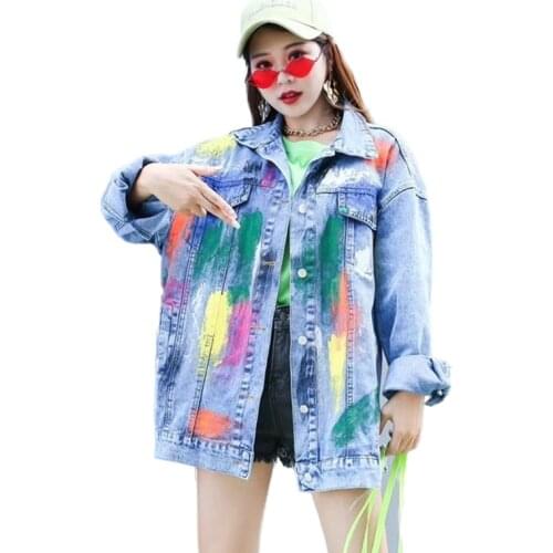 Spring autumn Retro graffiti painted denim coat womens loose oversize jeans jacket