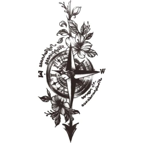 Temporary Tattoo Sticker Black Compass English Letters Arrow Flower Fake Tattoos Waterproof Tatoos Arm Large Size for Women Men